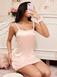 SweetSlumber Romantic & Sexy Lace Patchwork Satin Slip Nightgown Babydoll For Women Luxeloungewear