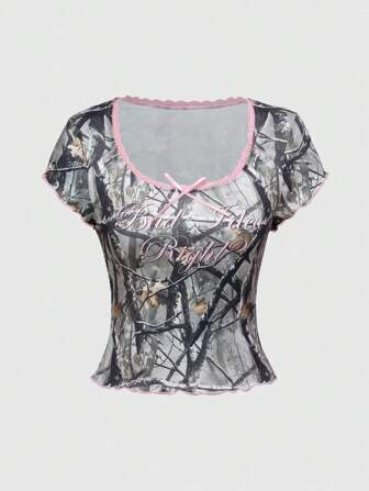 Fairycore Camiseta corta con estampado de mariposa y rama, con ribete de encaje y atar, estilo callejero