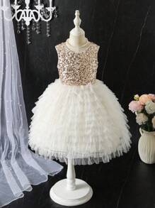 Glamorique Kids 女童多层蛋糕裙，带亮片蝴蝶结装饰，适合派对、生日、节日、表演、婚礼和其他正式场合 - 金色 - 查看 4