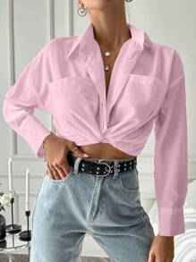 EURMUSE Women's Solid Color Pocket Front Button Casual Loose Long Sleeve Shirt - Pink - View 4