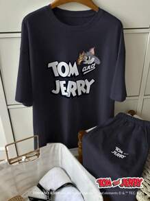 TOM AND JERRY X DAZY 休閒寬鬆字母印花短袖T恤與短褲睡衣套裝 夏季 - 藏蓝色 - 查看 3