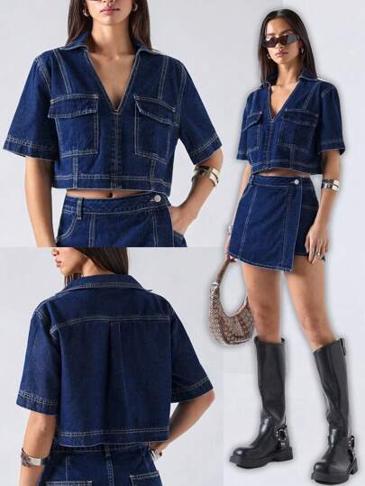 LYSMO Blusa de mujer de jean de manga corta, de unicolor, de moda para el verano