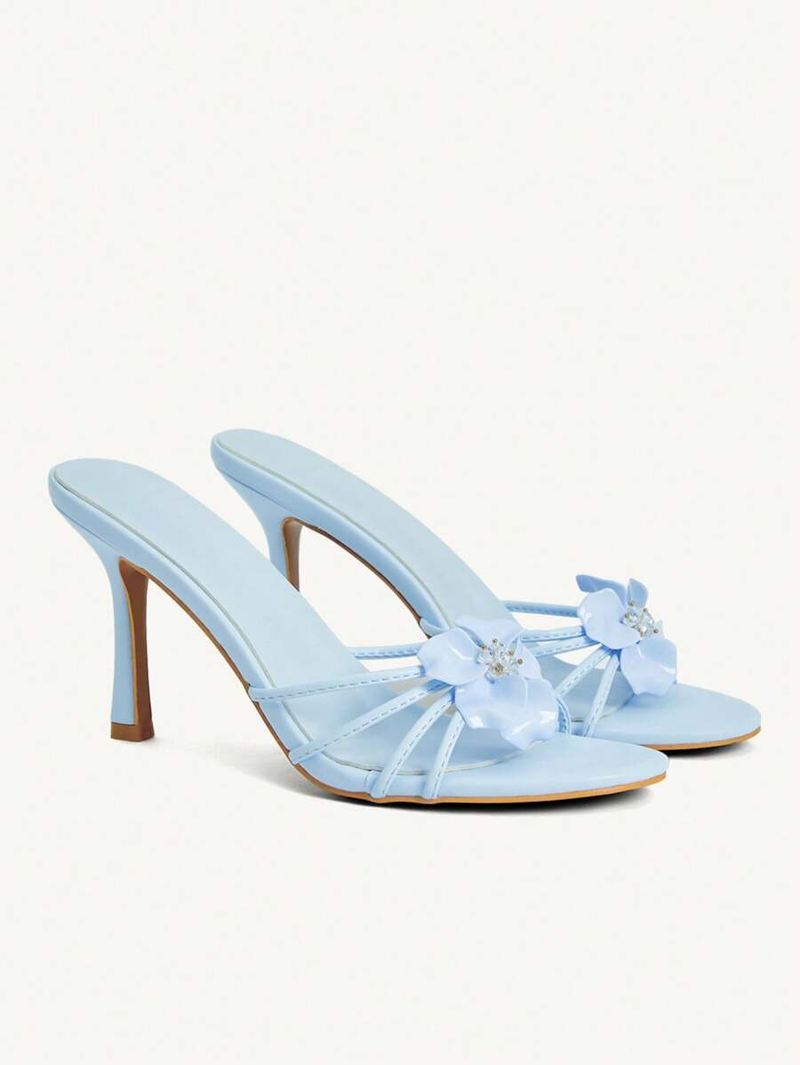 CUCCOO CHICEST Women's Elegant Floral Crystal Pointed Toe High Heel Sandals, Light Blue Faux Leather, Fashionable Heeled Slippers For Tea Parties, Dates, Formal Events, Vacations, Beach & Hawaii Style