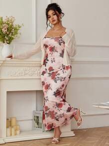 Modelyn Women Plus Size 2 Pieces Set: Net Sheer Long Sleeve Tie Front Jacket + Net Sheer Floral Print Slip Dress Fall Cloth For Women - Pink - View 5