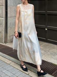 FRIFUL 女士奶油黄色无袖连衣裙套装，圆领镂空蝴蝶结系带直筒拼色印花度假音乐节服装，夏季，女士两件套 - 杏色 - 查看 3