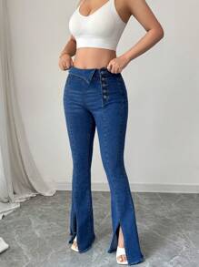 Elenzga Jeans de talle asimétrico elegantes y casuales con vuelo para mujer - Azul lavado oscuro - Ver 4