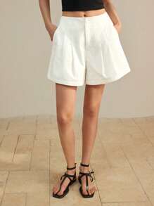 Ontre 2025 New Design White High Waist Shorts,Summer Casual Classy Brunch Style Women Shorts With Real Pockets,Minimalist Vacation Wear For Music Festival - White - View 5