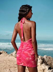 Opulessa Vestido mini con espalda abierta y estampado de malla de punto para mujeres - Rojo - Ver 2