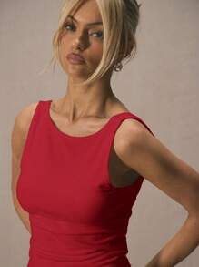 MUSERA Round Neck Low Back Cropped Tank Top Only Spring Summer Cute Vacation Casual 90's Y2k Basic Airport Holiday Cute Girly Back To School - Red - View 3