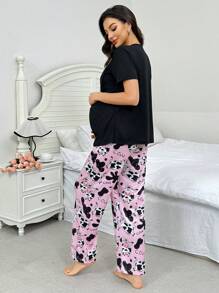 SHEIN Cartoon Kuh Muster Kurzarm & Hose Umstandspyjama Set