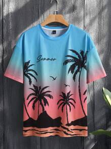 Manfinity Chillmode 年轻男士渐变色棕榈树和字母图案 T 恤，街头风格 - 彩色 - 查看 6