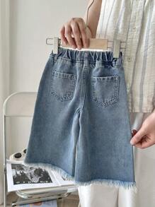 SHEIN LMoss Kids 女宝宝水洗浅蓝色阔腿牛仔裤，春夏休闲度假风 - 淺色水洗藍 - 查看 3