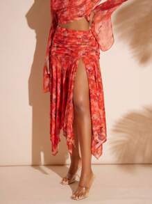 Hauture 大码女式扎染印花褶皱不对称下摆开衩 A 字裙 - 紅色 - 查看 3