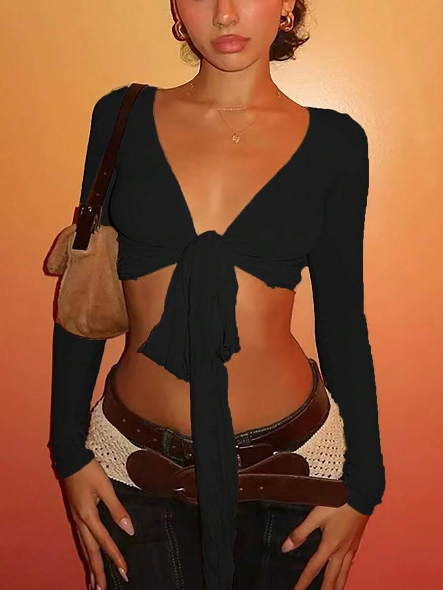 INAWLY 女士时尚性感纯色短款长袖 T 恤 - 黑色 - 查看 1