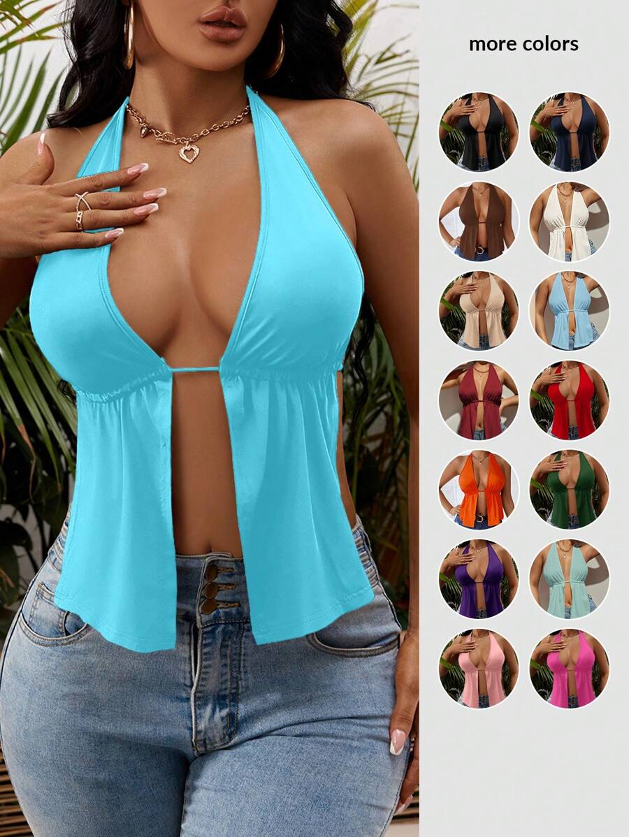 SHEIN SXY Summer Front Slit, Open Back, Knotted Halter Neck Black And Beach Blue Top