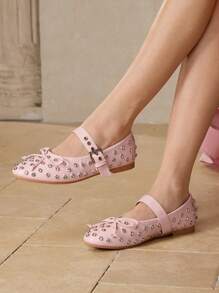 MOTF PREMIUM VINTAGE PUNK STYLE COMFORTABLE CASUAL STUDDED BOW DECOR ROUND TOE FLATS, - Pink - View 3