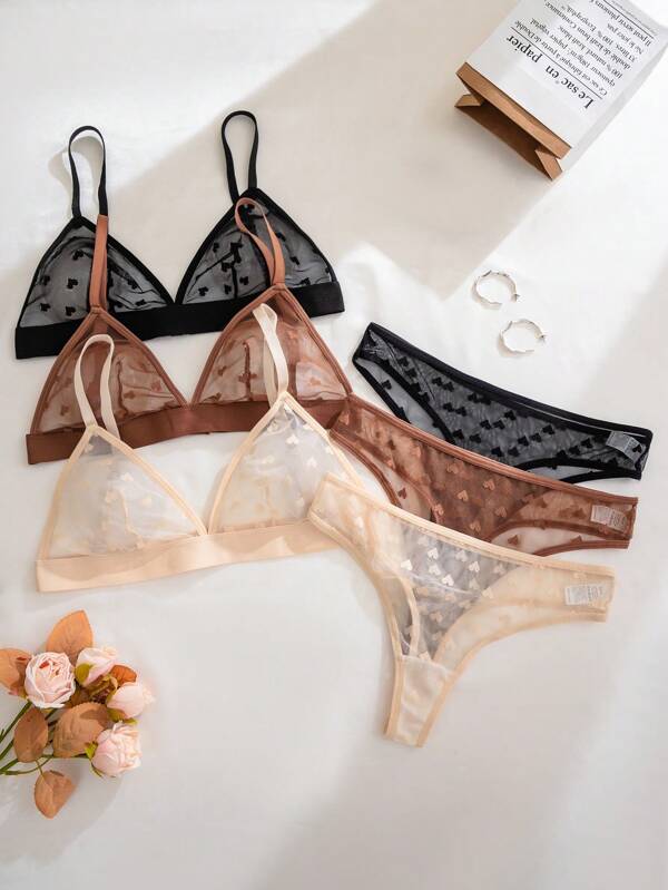 6pcs/Set Valentine's Day Sexy Sheer Heart Jacquard Mesh Wireless Triangle Bra Lingerie Set