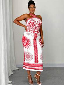 Maweii 大码花卉印花 V 领开衩连衣裙，夏季假日 - 彩色 - 查看 6