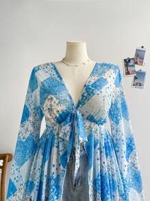 Soleia Damen große Größen Retro Blume Muster Patchwork Strick Mesh Offene Front Knotenaille Glockenärmel Top