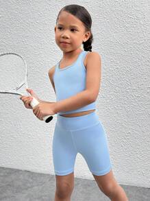 SHEIN 2pcs/Set Young Girl Solid Color Knit Camisole Top And Shorts Activewear Set