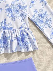 SHEIN 加大码女童花卉印花细肩带比基尼泳装两件套 - 藍白色 - 查看 5