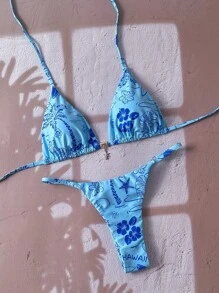 Swim Vcay Bộ bikini dây mảnh đính kim loại màu xanh gợi cảm dành cho nữ mùa xuân, họa tiết ngẫu nhiên, trang phục đi biển mùa hè - Nhiều màu - Xem 4