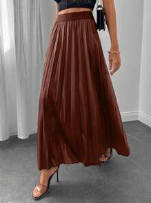 EURMUSE High Waist Pleated Skirt - Mocha Brown - View 1