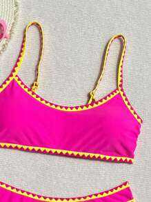 Swim Vcay 2pcs/Set Fuchsia & Yellow Contrast Color Shell Trim Adjustable Strap Women Bikini Set, Spring/Summer 2026