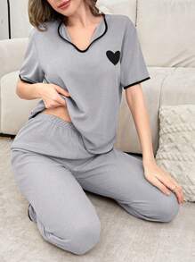 心形印花女式休闲家居服套装 - 淺灰色 - 查看 4