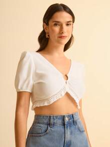 CAJUNI Áo crop top đi biển thường ngày cổ chữ U khoét rỗng tay bồng màu trắng, xuân/hè - Màu be - Xem 1