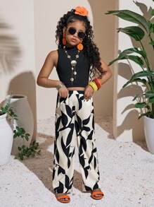 SHEIN 青少年女孩纯色针织无袖上衣和梭织宽松长裤度假两件套 - 黑色 - 查看 7