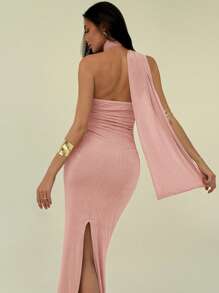 Aloruh Elegant One Shoulder Ruffle Design Slim Fit Pleated Sparkly Long Straight Dress - Pink - View 2