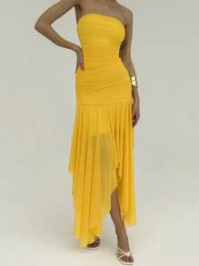 Aloruh 女士纯色黄色不对称下摆荷叶边约会/婚礼连衣裙