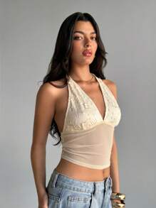Aloruh Women Elegant Solid Contrast Floral Applique Backless Halter Top For Summer - Apricot - View 1