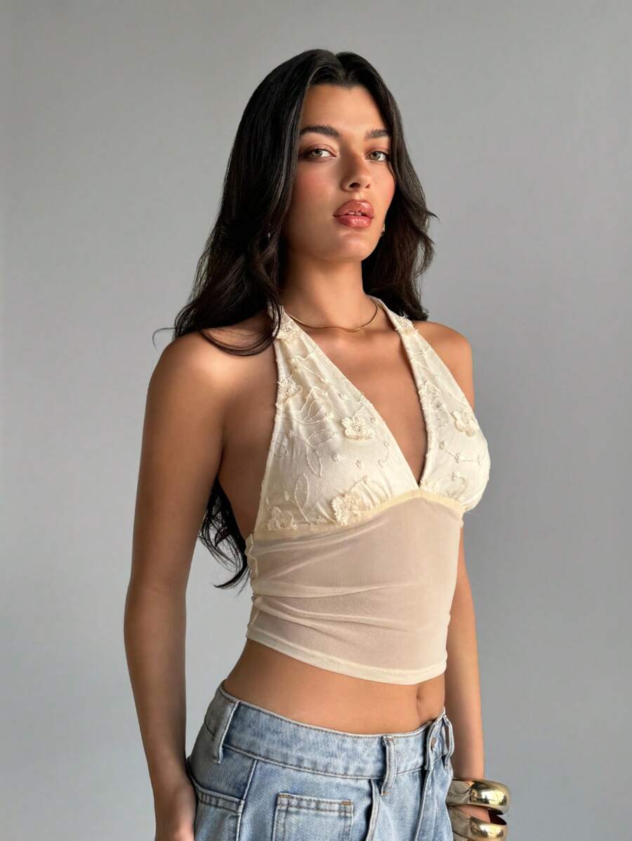Aloruh Women Elegant Solid Contrast Floral Applique Backless Halter Top For Summer - Apricot - View 1