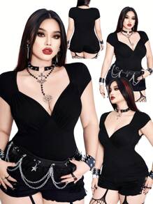 Whyspr Casual Punk Rave Solid Plus Size T-Shirts - Black - View 1