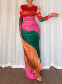 Chiquease Women's Tie-Dye Pleated Dress Maxi Women Outfit Fall Cloth For Women