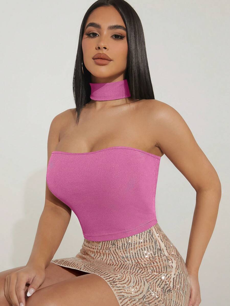 Hauture 2 Ways Ribbed Knit Crop Top, Fashionable For Summer - Red Violet - View 1