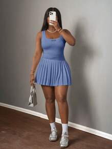 Slaydiva 新款春夏休闲基础款U领露背背心，黑色标签白色文字，喇叭褶裥半身裙（含短裤和阔腿裤），白色针织迷你连衣裙 - A，吊带裙，女士夏季连衣裙 - 藍色 - 查看 4