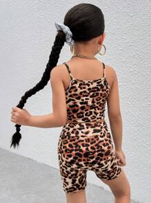 SHEIN 2pcs/Set Young Girl Leopard Print Camisole And Shorts Set - Khaki - View 4
