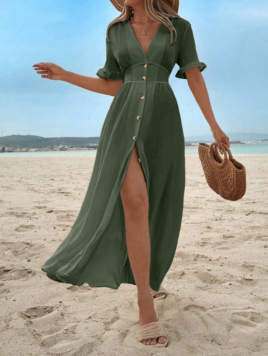 EURMUSE Vestido de mujer en unicolor con ribete de volante y botones delanteros - Verde militar - Ver 1