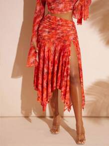 Hauture 大码女式扎染印花褶皱不对称下摆开衩 A 字裙 - 紅色 - 查看 1