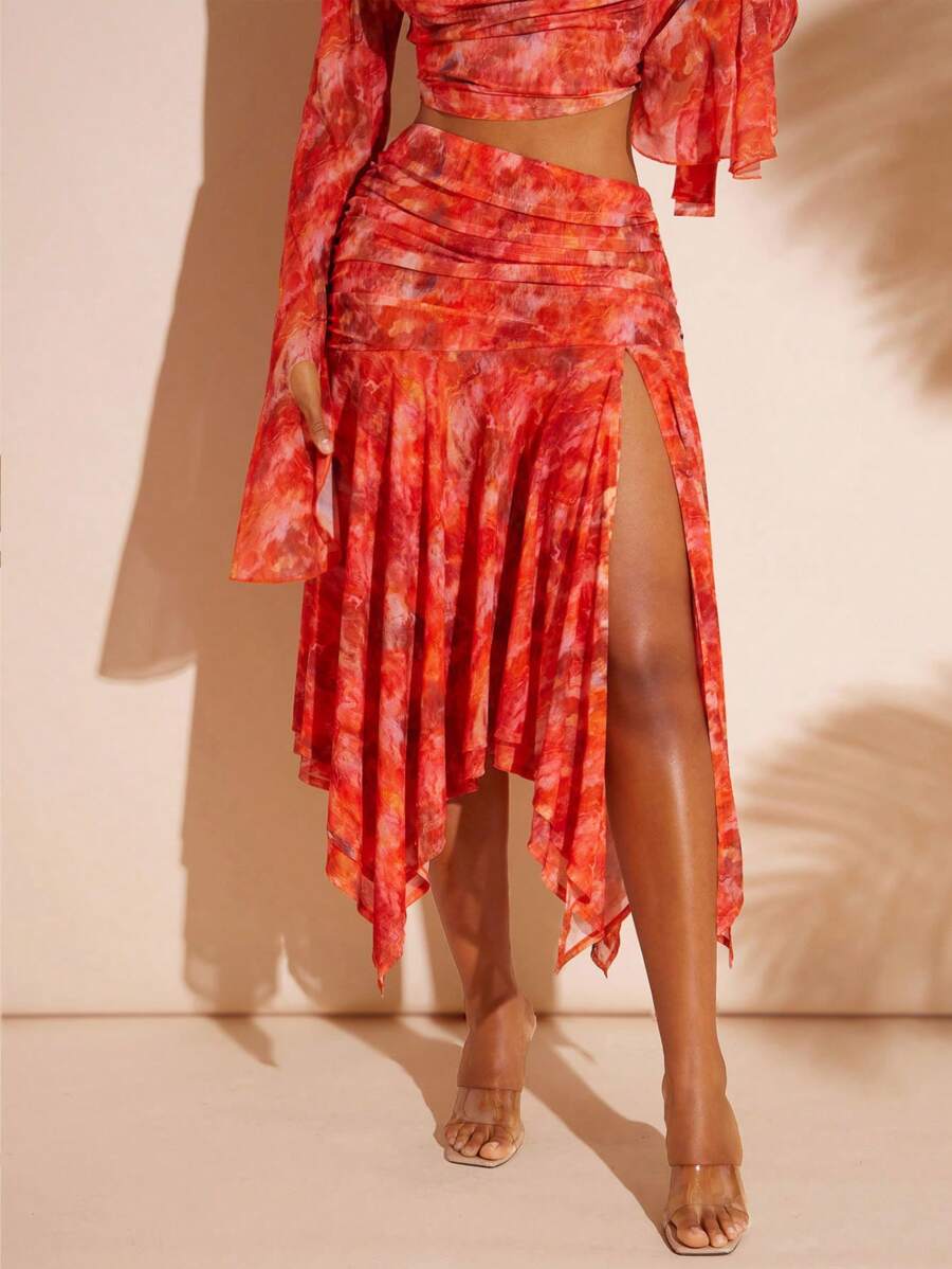 Hauture 大码女式扎染印花褶皱不对称下摆开衩 A 字裙 - 紅色 - 查看 1