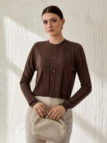 EURMUSE Chic Ribbed Knit Button-Up Cardigan In Deep Charcoal With Round Neckline And Fitted Long Sleeves,Cardigans,Petite,Tall - Brown - View 3