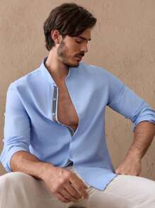 Manfinity VCAY Men Cotton Geo Taped Button Up Shirt, For Fall, Old Money, Long Sleeve Top - Baby Blue - View 6