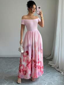 Elenzga Women's Elegant One Shoulder Tropical Plant Floral Print A-Line Maxi Dress With Drapes, Fashionable For Spring/Summer - Pink - View 4
