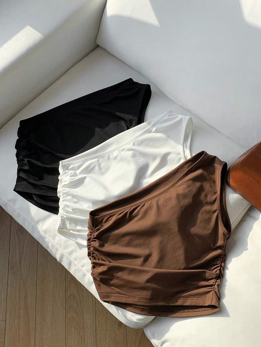 SHEIN EZwear 3 件套不对称单肩休闲性感紧身上衣,适合夏季、度假和沙滩穿着 - 彩色 - 查看 1