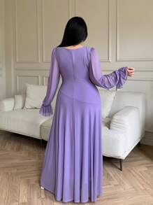 Feyla Plus Size Women Solid Color Ruffle Edge Square Neck Flare Sleeve Elegant Dress - Mauve Purple - View 2
