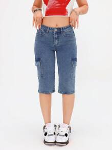 SHEIN EZwear 女士牛仔裤，适合夏季 - 藍色 - 查看 4