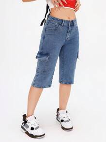 SHEIN EZwear 女士牛仔裤，适合夏季 - 藍色 - 查看 6